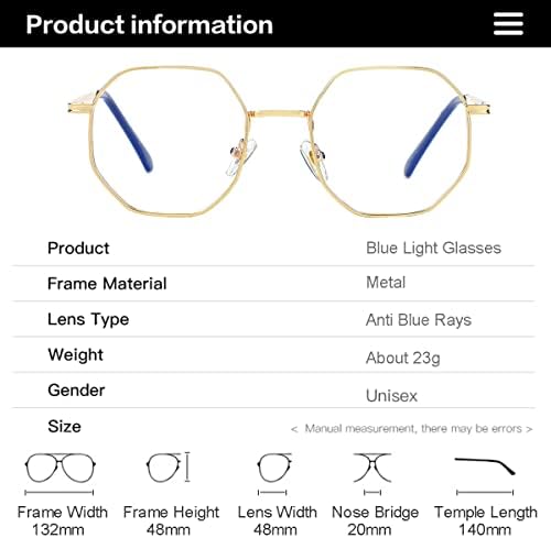 Gleyemor Светли Сини Очила за Мъже И Жени, Реколта Компютърни Очила в Осмоъгълна Метална Рамка (Злато)