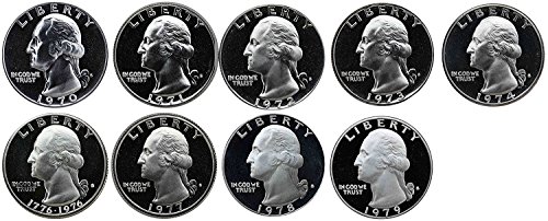 1970 - e - 1979-те години на Washington Quarters Gem Proof Обращение 9 Монети, Монетен двор на САЩ Десетгодишен Лот Пълен Набор