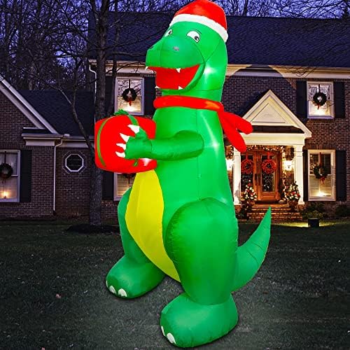Коледни Надуваеми Украшения Glintoper, 8-Подножието на Надуваеми играчки, Осветени от Зелен Динозавър с Коледна Шапка и Подарък