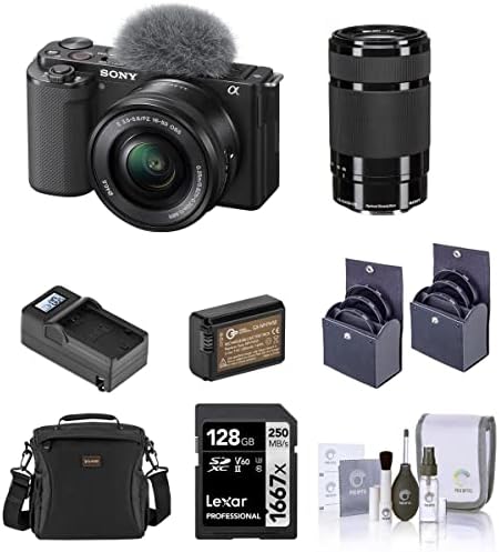 Беззеркальная камера Sony ZV-E10, с обектив 16-50 мм и 55-210 mm f/4.5-6.3 OSS и E-Mount, черен комплект с карта с памет SD с обем