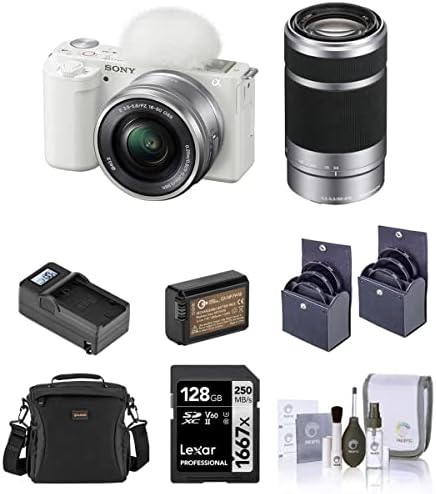 Беззеркальная камера Sony ZV-E10, с обектив 16-50 мм, Бяла, с обектив E-Mount E55-210mm f/ 4.5-6.3 OSS, комплект с SD-карта на 128