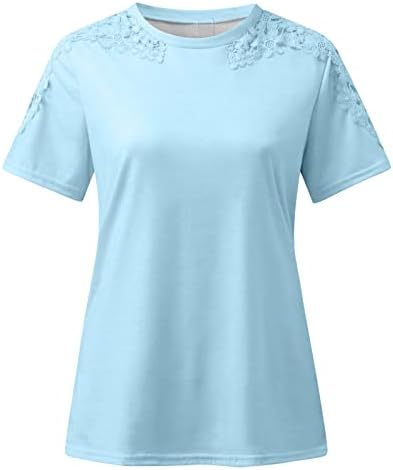 Лятна Блуза за жени, Дрехи Комфортна Цветове, Модни Тениска с Къс ръкав, Дантелени Основни Блуза с кръгло Деколте, Риза за Жени