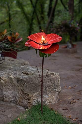 Факел с цвете от пустинята стомана (Червен мак, 36 x 14 W) - Метална Градинска факла с Цитронеллой и осветените пътеки с Многократно
