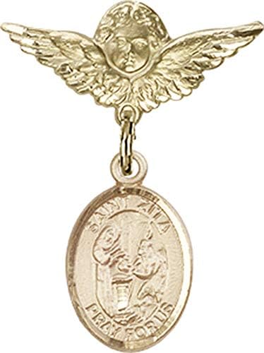 Детски икона Jewels Мания за талисман на Свети Зиты и икона на Ангел с крила на Булавке | Детски икона от 14-каратово злато с талисман