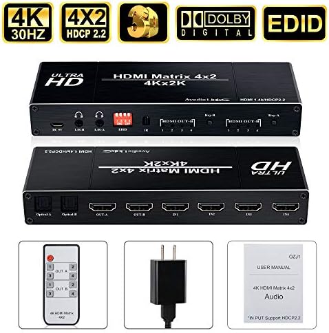 avedio свързва матричен превключвател HDMI 4x2 4K @ 60Hz, Сплитер HDMI Switcher 4 в 2 изхода с IR дистанционно управление, аудио